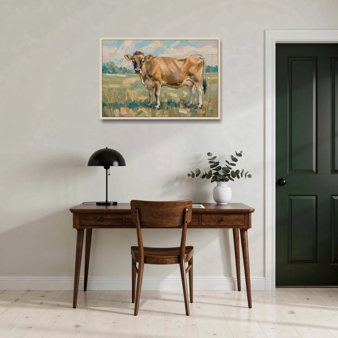 Cow Painting of a Jersey in Summer Pasture - Oak Framed Canvas Wall Art - Office - 36x24
