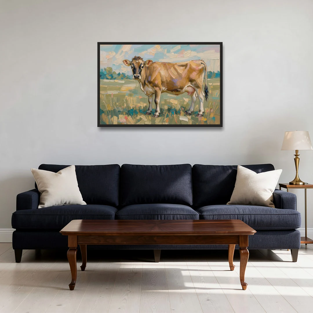 Cow Painting of a Jersey in Summer Pasture - Black Framed Canvas Wall Art - Sofa - 36x24