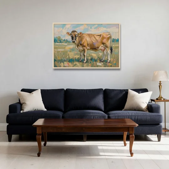 Cow Painting of a Jersey in Summer Pasture - Oak Framed Canvas Wall Art - Sofa - 36x24