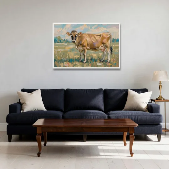 Cow Painting of a Jersey in Summer Pasture - White Framed Canvas Wall Art - Sofa - 36x24