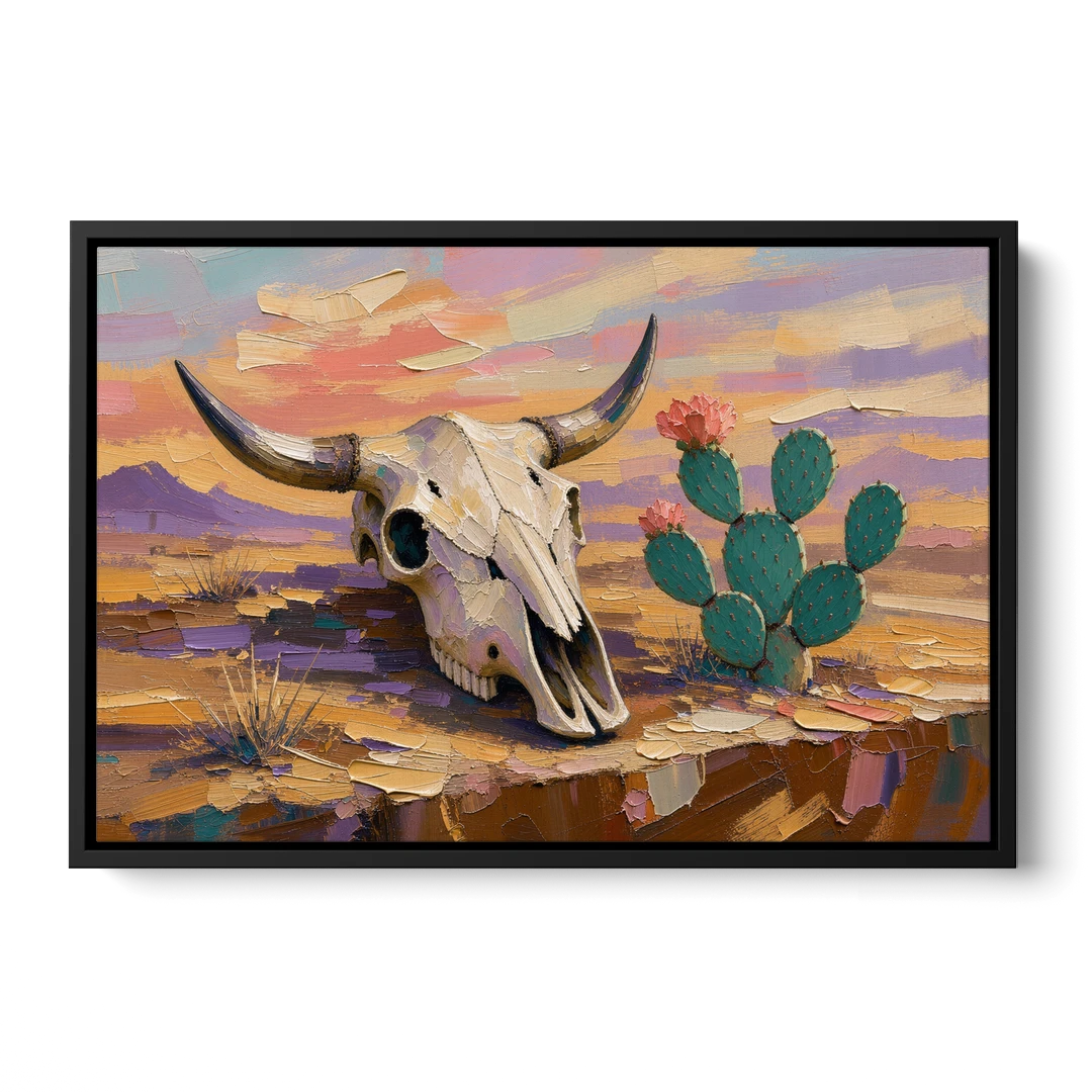 Cow Skull Painting with Blooming Prickly Pear - Black Framed Canvas Wall Art - Front
