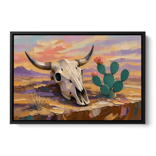 Cow Skull Painting with Blooming Prickly Pear - Black Framed Canvas Wall Art - Front