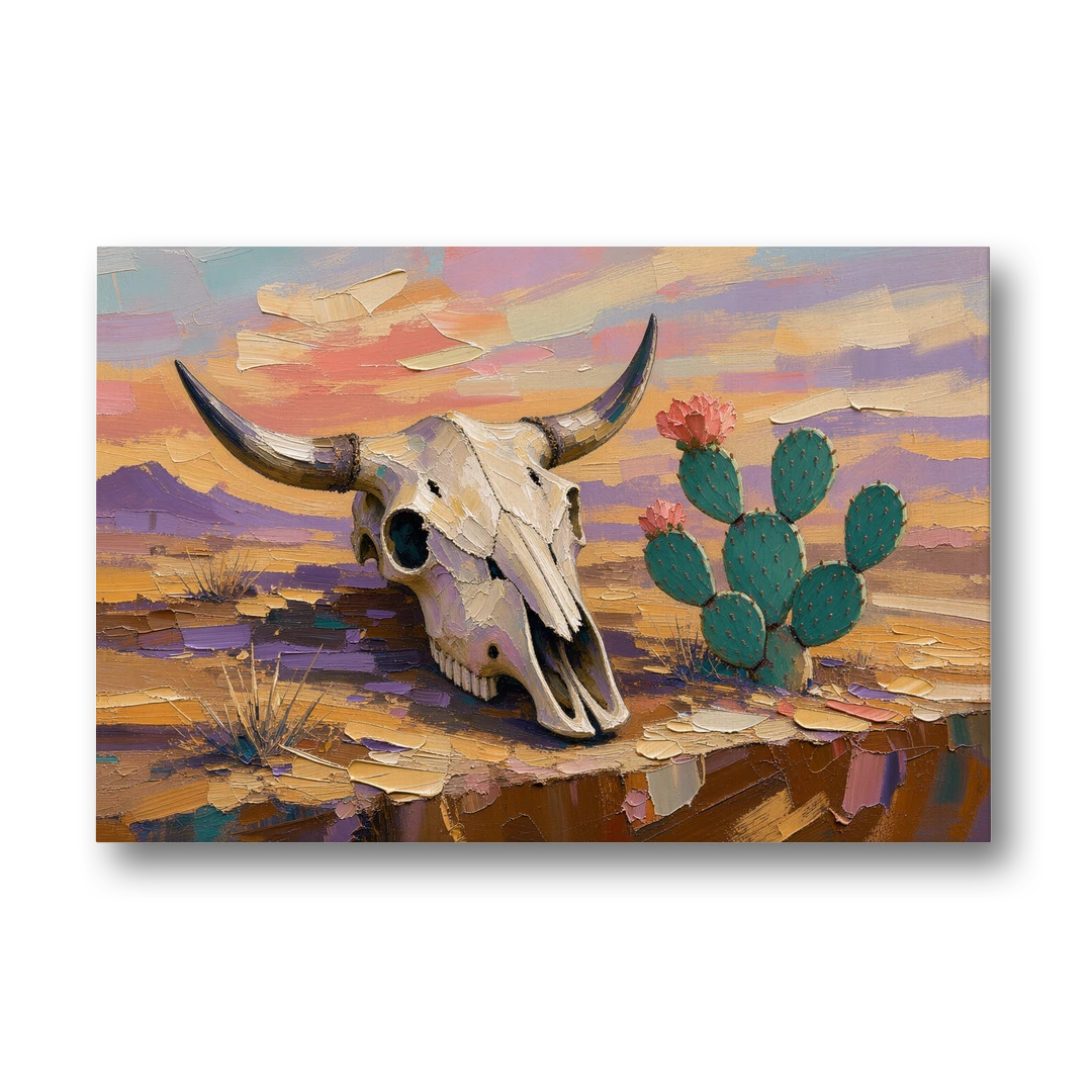 Cow Skull Painting with Blooming Prickly Pear - Canvas Wall Art - Front