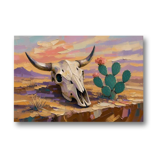 Cow Skull Painting with Blooming Prickly Pear - Canvas Wall Art - Front