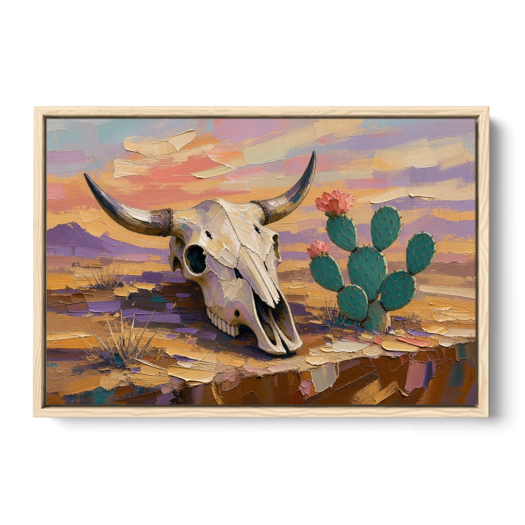 Cow Skull Painting with Blooming Prickly Pear - Oak Framed Canvas Wall Art - Front