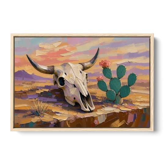 Cow Skull Painting with Blooming Prickly Pear - Oak Framed Canvas Wall Art - Front