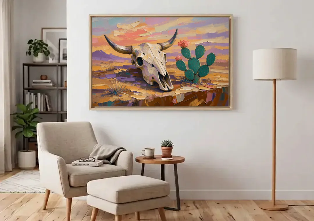 Cow Skull Painting with Blooming Prickly Pear canvas wall art above an armchair in a bright living room