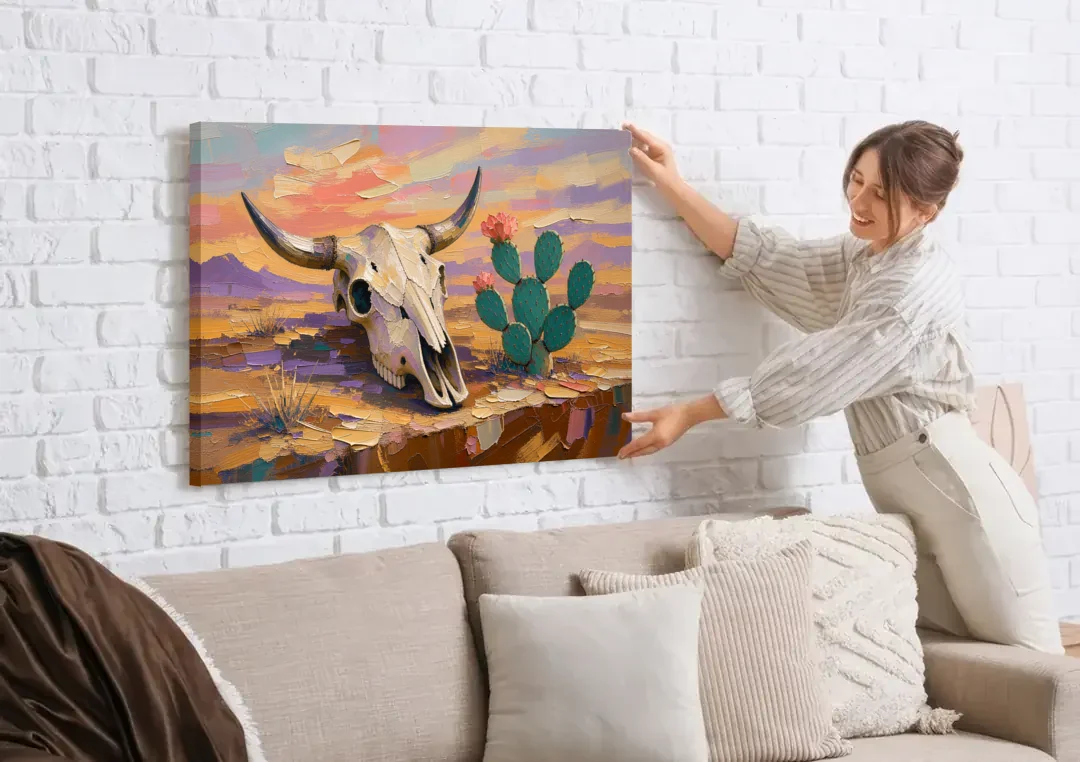 Cow Skull Painting with Blooming Prickly Pear canvas wall art being hung on a white brick wall above a sofa