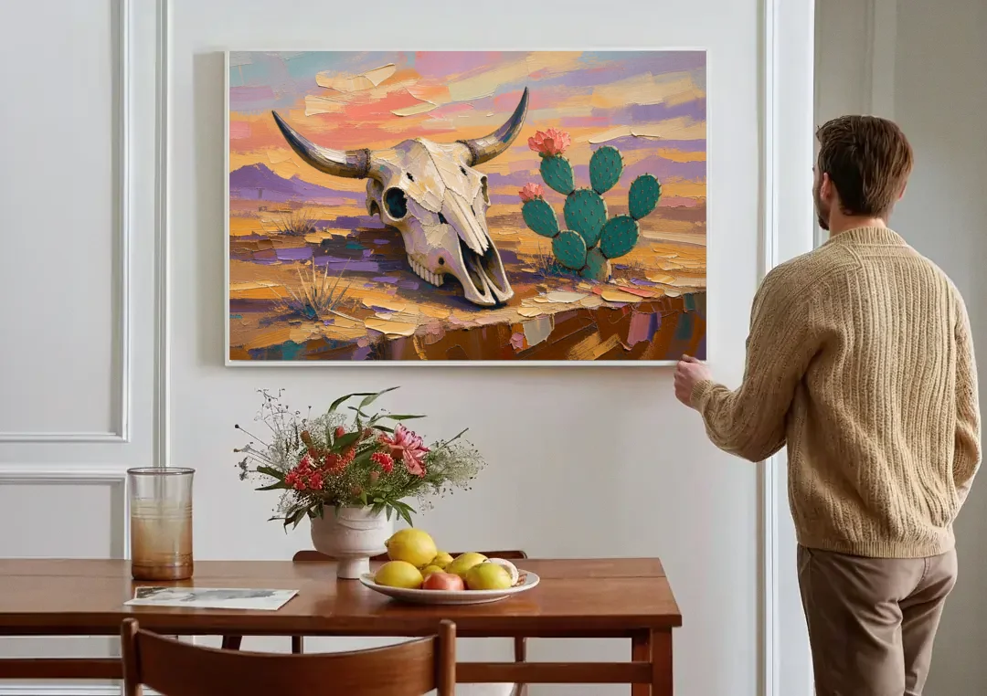 Cow Skull Painting with Blooming Prickly Pear canvas wall art above a dining table