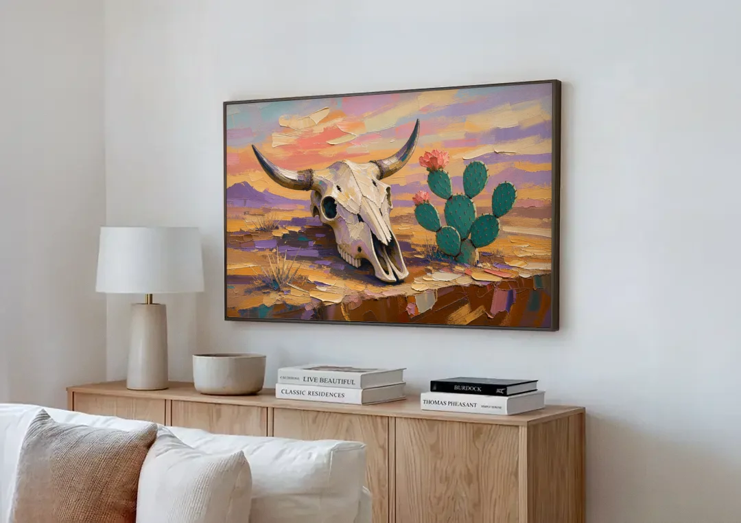 Cow Skull Painting with Blooming Prickly Pear canvas wall art above a wooden sideboard next to a sofa
