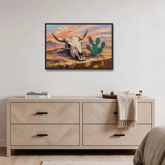Cow Skull Painting with Blooming Prickly Pear - Black Framed Canvas Wall Art - Coffee Table - 36x24
