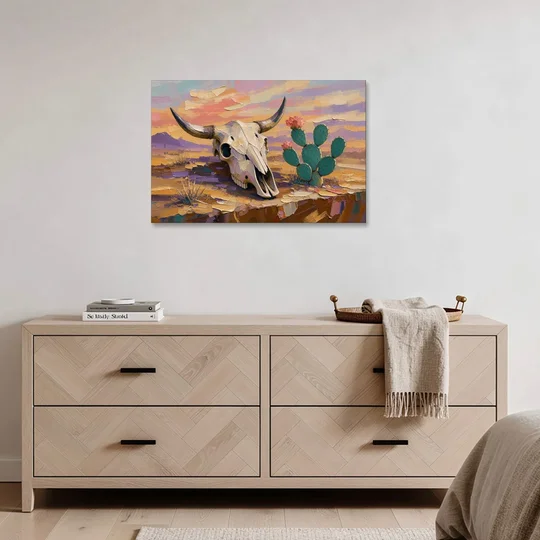 Cow Skull Painting with Blooming Prickly Pear - Canvas Wall Art - Coffee Table - 36x24