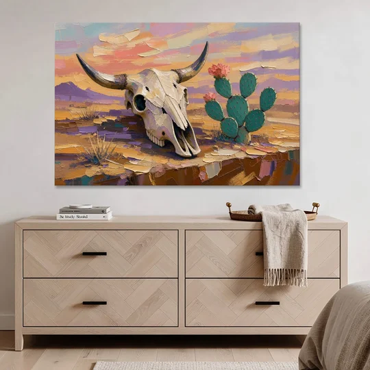 Cow Skull Painting with Blooming Prickly Pear - Canvas Wall Art - Coffee Table - 60x40