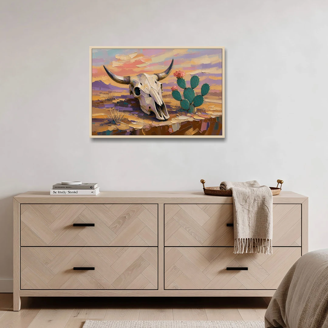 Cow Skull Painting with Blooming Prickly Pear - Oak Framed Canvas Wall Art - Coffee Table - 36x24