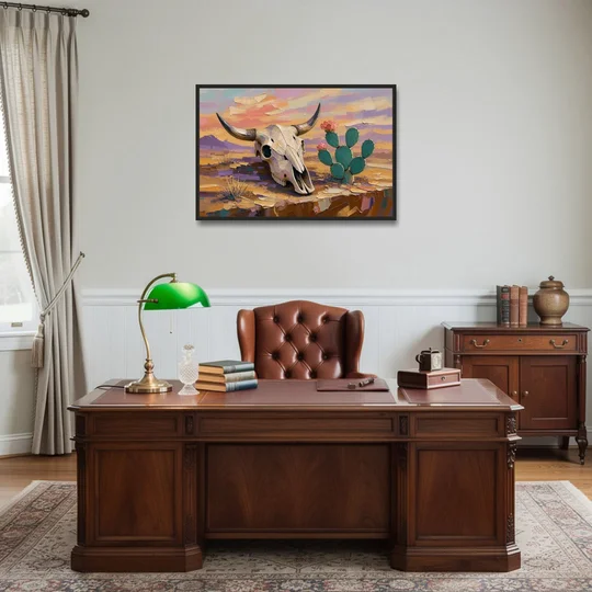 Cow Skull Painting with Blooming Prickly Pear - Black Framed Canvas Wall Art - Office - 36x24