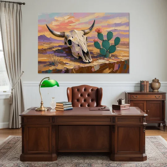 Cow Skull Painting with Blooming Prickly Pear - Canvas Wall Art - Office - 60x40