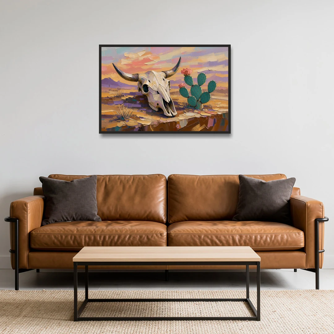 Cow Skull Painting with Blooming Prickly Pear - Black Framed Canvas Wall Art - Sofa - 36x24