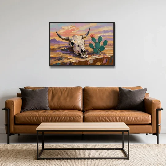 Cow Skull Painting with Blooming Prickly Pear - Black Framed Canvas Wall Art - Sofa - 36x24
