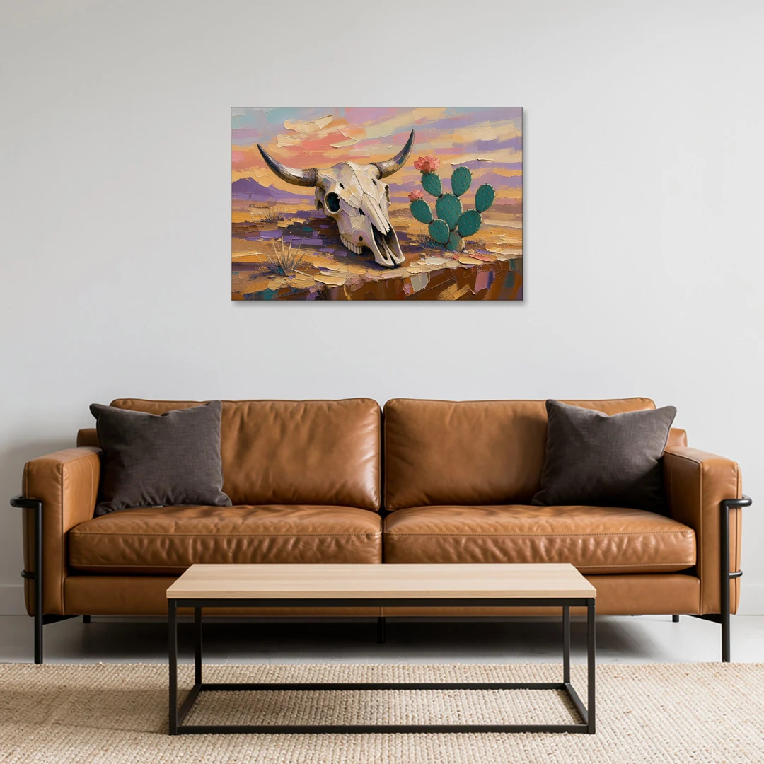 Cow Skull Painting with Blooming Prickly Pear - Canvas Wall Art - Sofa - 36x24
