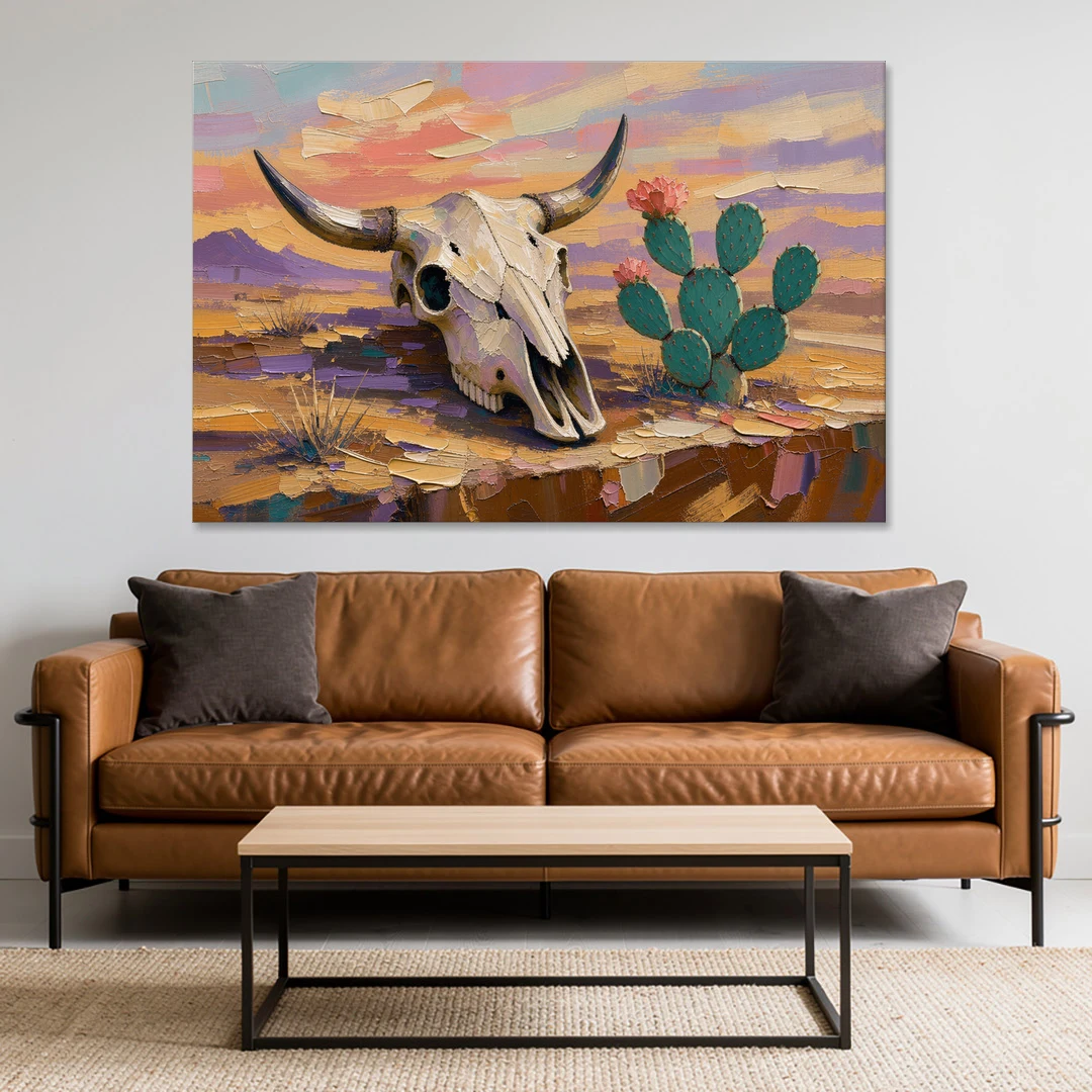 Cow Skull Painting with Blooming Prickly Pear - Canvas Wall Art - Sofa - 60x40