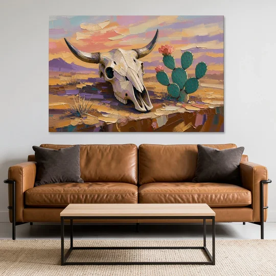 Cow Skull Painting with Blooming Prickly Pear - Canvas Wall Art - Sofa - 60x40