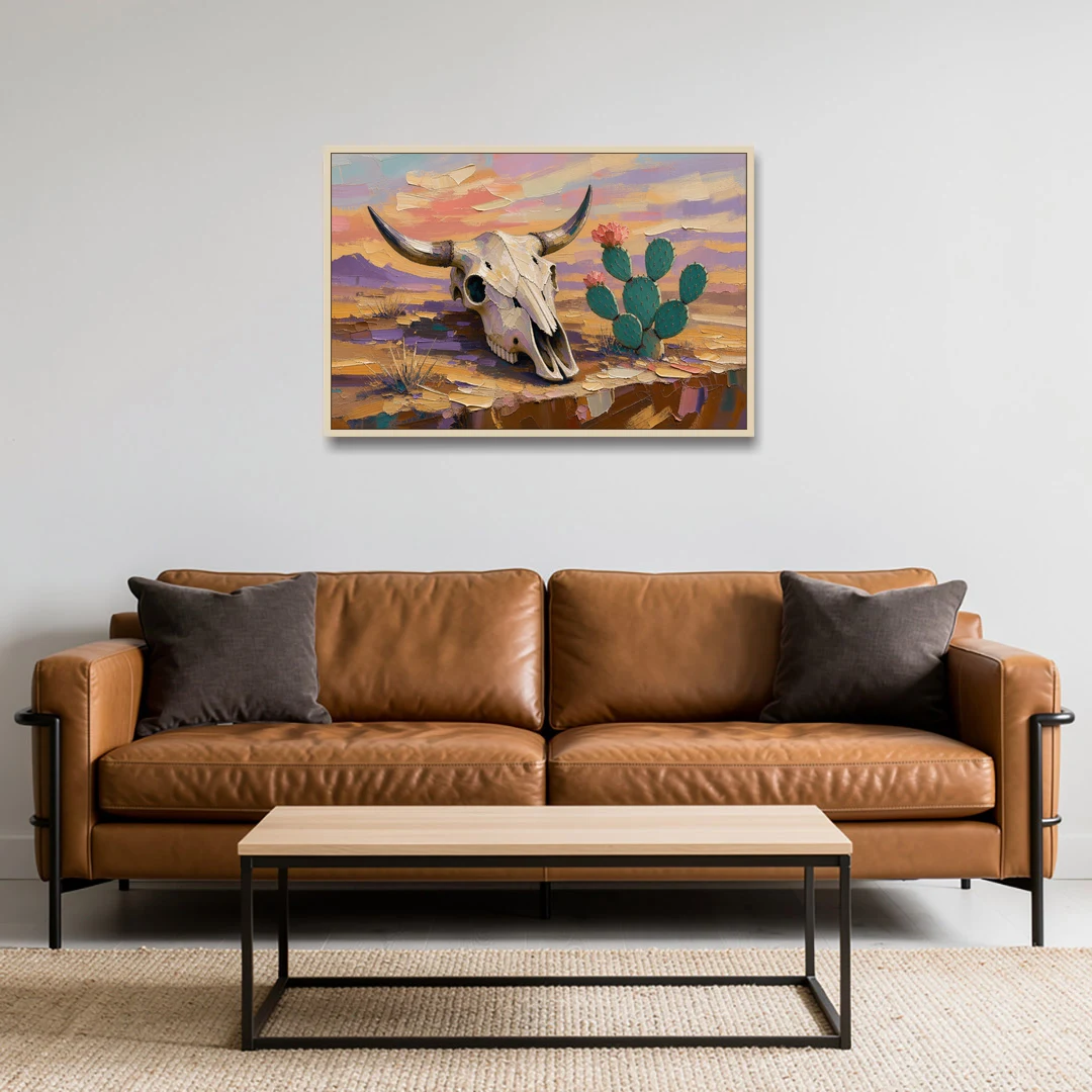 Cow Skull Painting with Blooming Prickly Pear - Oak Framed Canvas Wall Art - Sofa - 36x24