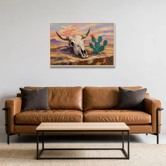 Cow Skull Painting with Blooming Prickly Pear - Oak Framed Canvas Wall Art - Sofa - 36x24