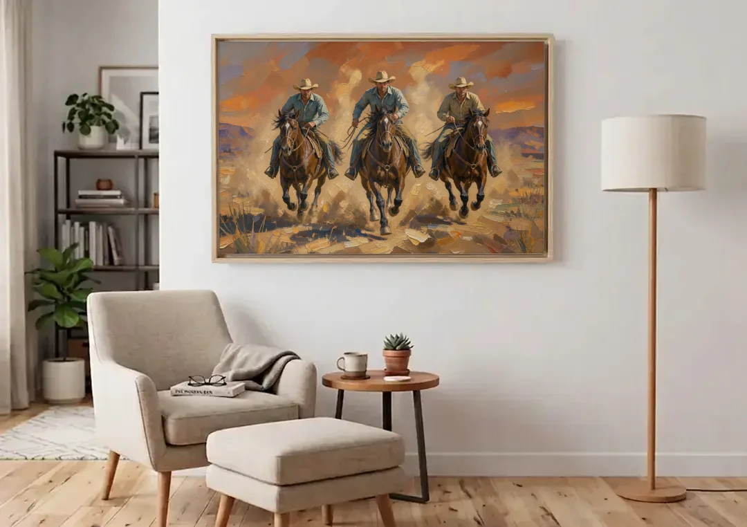 Cowboy Painting of Three Riders Out of the Dust canvas wall art above an armchair in a bright living room