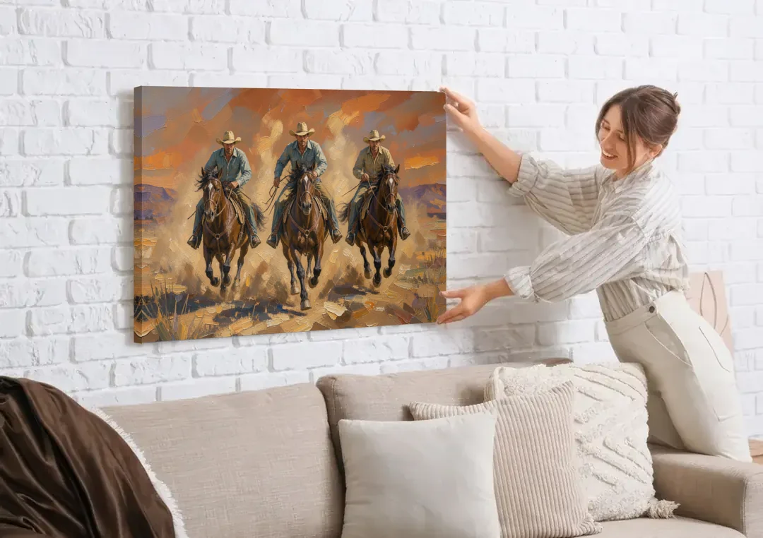 Cowboy Painting of Three Riders Out of the Dust canvas wall art being hung on a white brick wall above a sofa