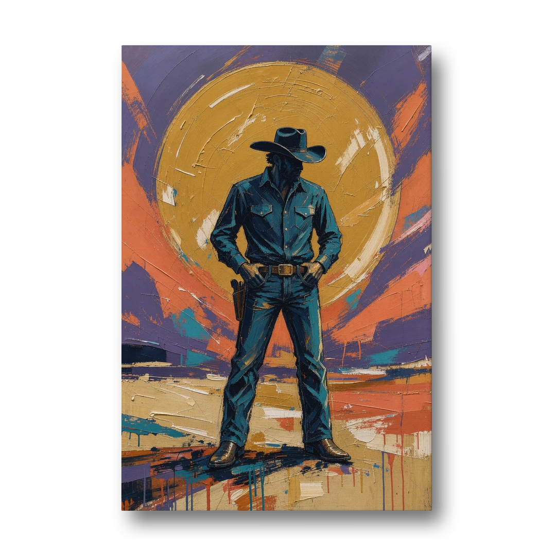 Cowboy Wall Art with Gunslinger and Golden Sun - Canvas Wall Art - Front