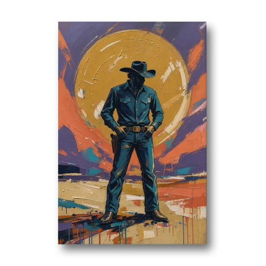 Cowboy Wall Art with Gunslinger and Golden Sun - Canvas Wall Art - Front