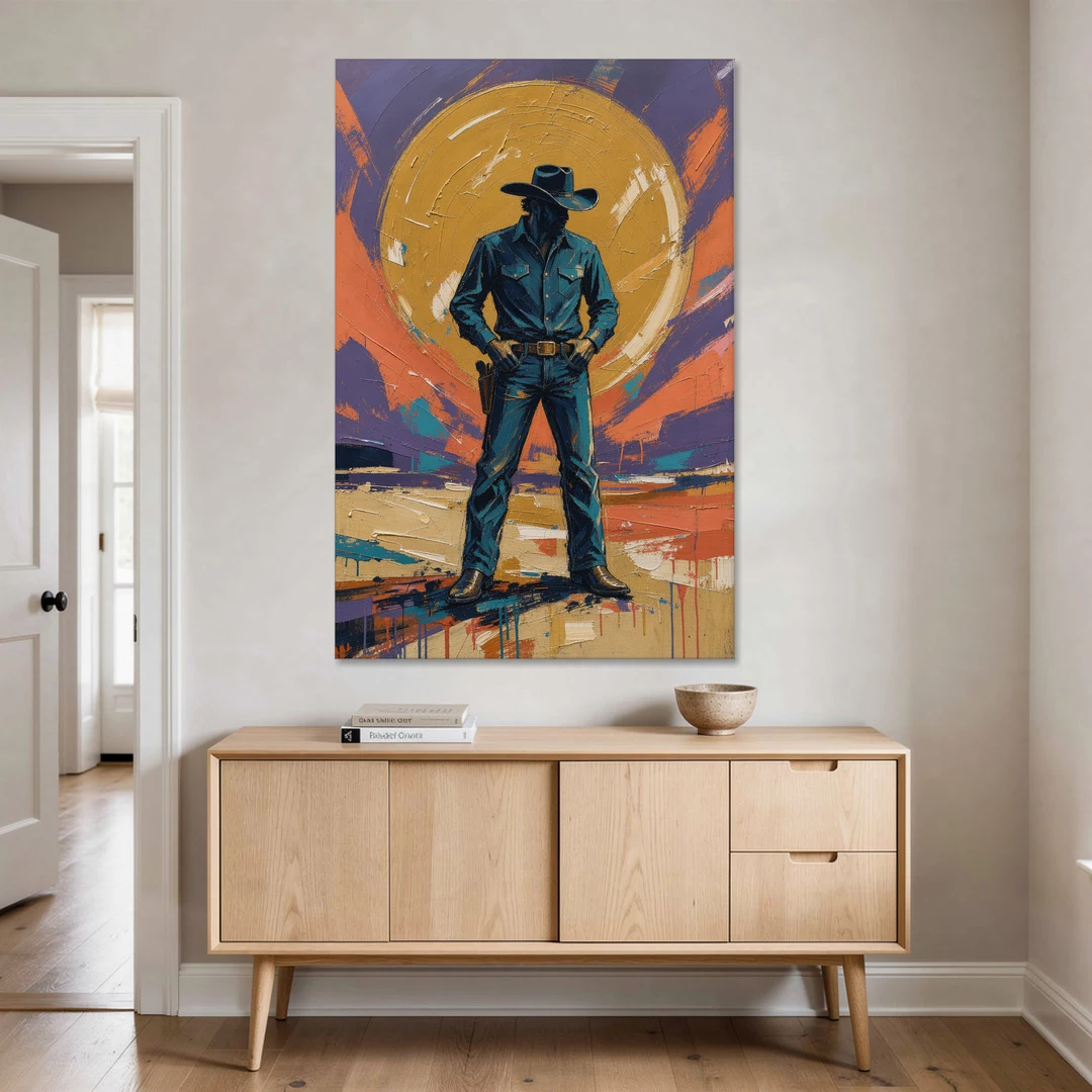 Cowboy Wall Art with Gunslinger and Golden Sun - Canvas Wall Art - Coffee Table - 40x60