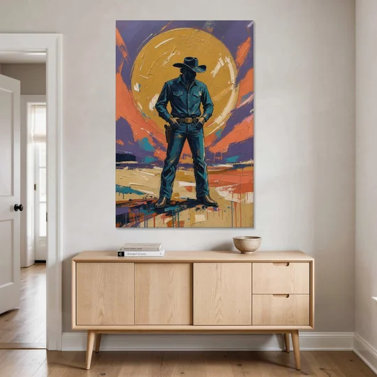 Cowboy Wall Art with Gunslinger and Golden Sun - Canvas Wall Art - Coffee Table - 40x60