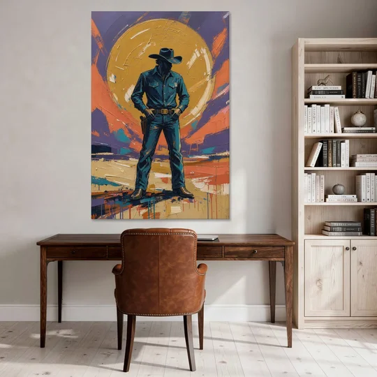Cowboy Wall Art with Gunslinger and Golden Sun - Canvas Wall Art - Office - 40x60