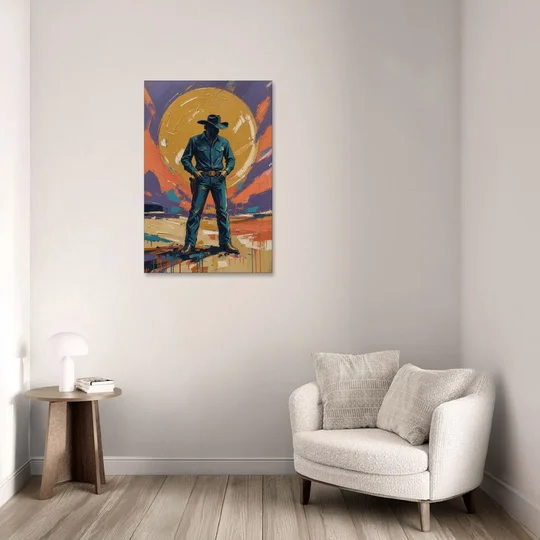 Cowboy Wall Art with Gunslinger and Golden Sun - Canvas Wall Art - Sofa - 24x36