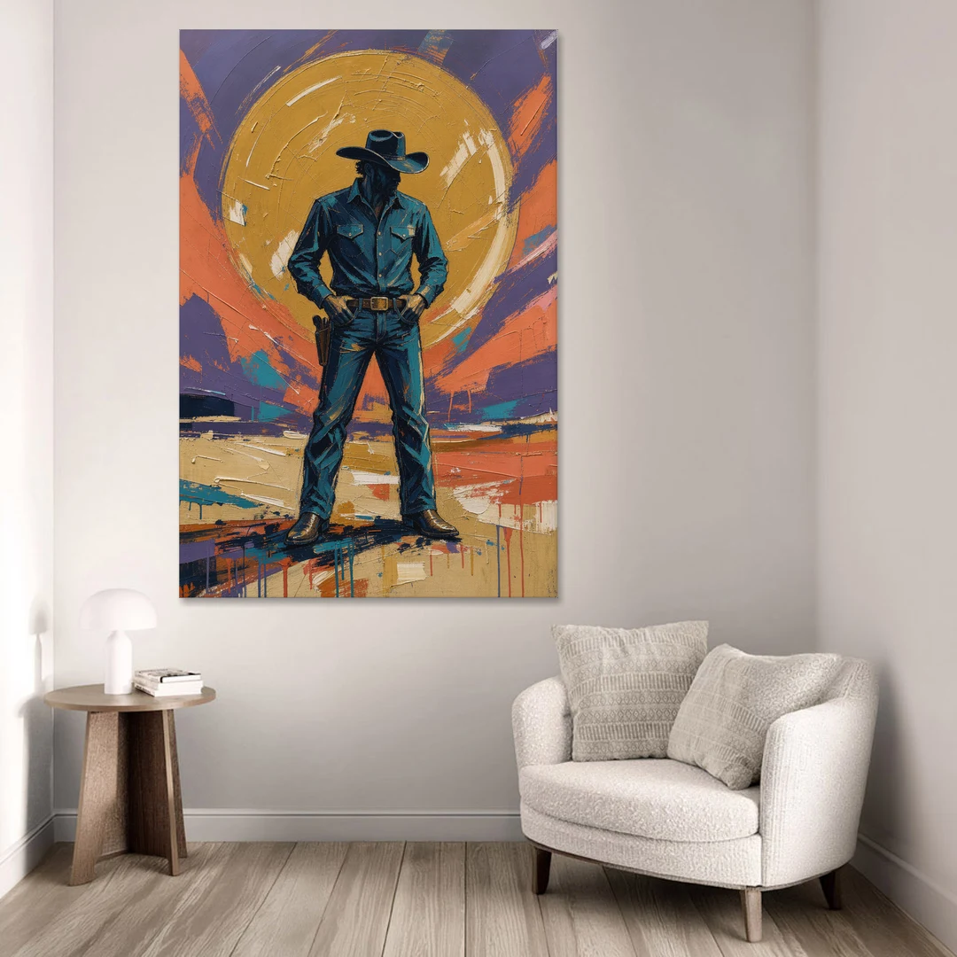 Cowboy Wall Art with Gunslinger and Golden Sun - Canvas Wall Art - Sofa - 40x60
