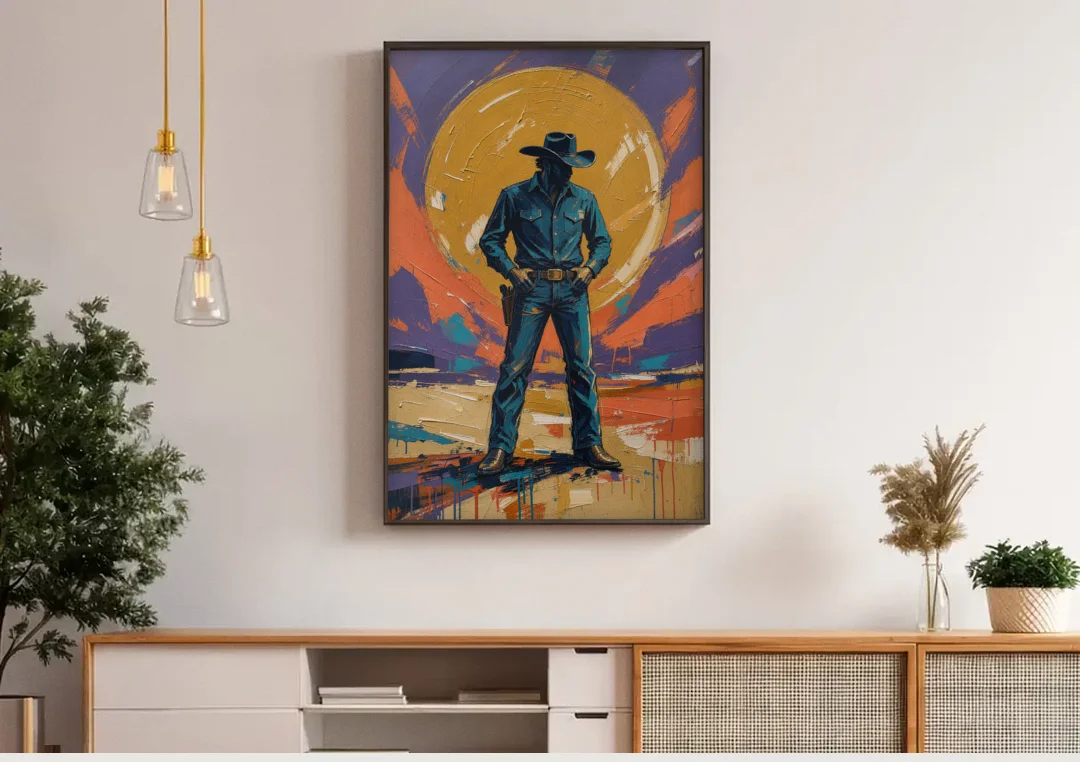 Cowboy Wall Art with Gunslinger and Golden Sun canvas wall art above a wooden sideboard under pendant lights