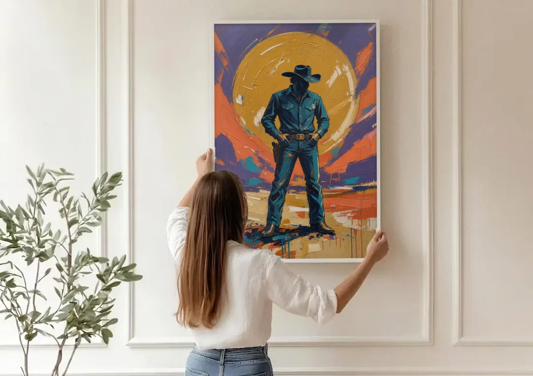Cowboy Wall Art with Gunslinger and Golden Sun canvas wall art being hung on a paneled wall