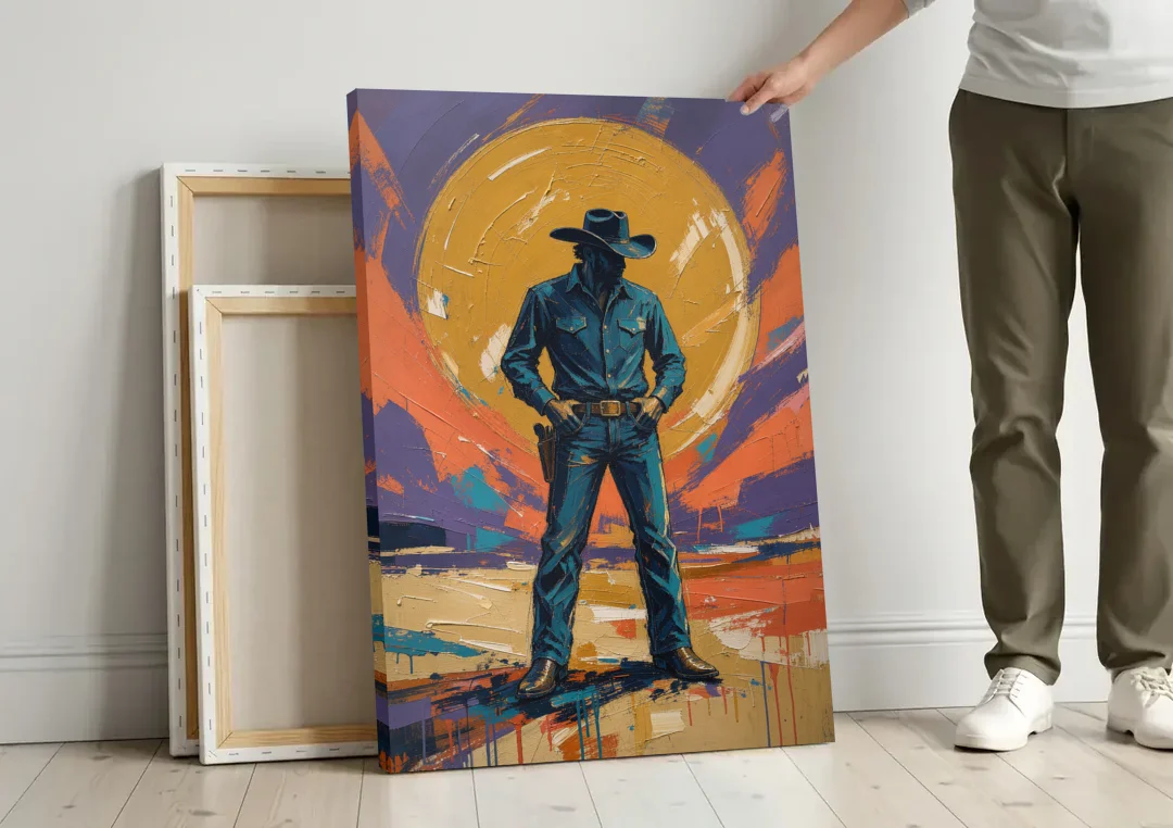 Cowboy Wall Art with Gunslinger and Golden Sun canvas wall art leaning against a wall next to blank canvases