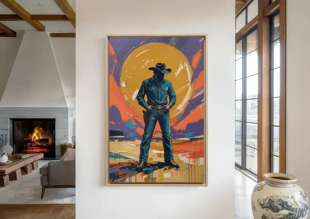 Cowboy Wall Art with Gunslinger and Golden Sun canvas wall art in a living room with a fireplace