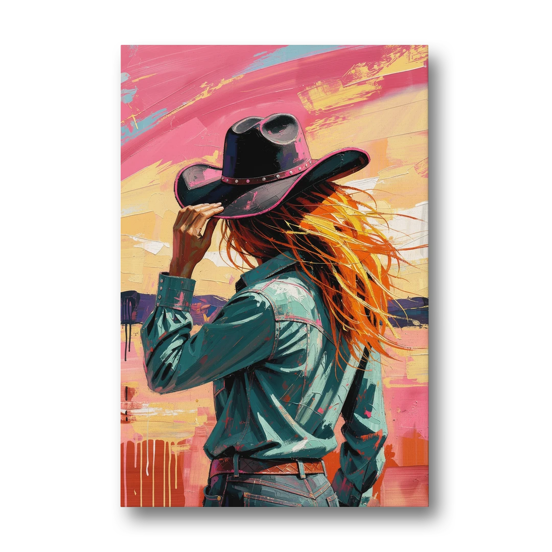 Cowgirl Wall Art in a Hot Desert Wind - Canvas Wall Art - Front