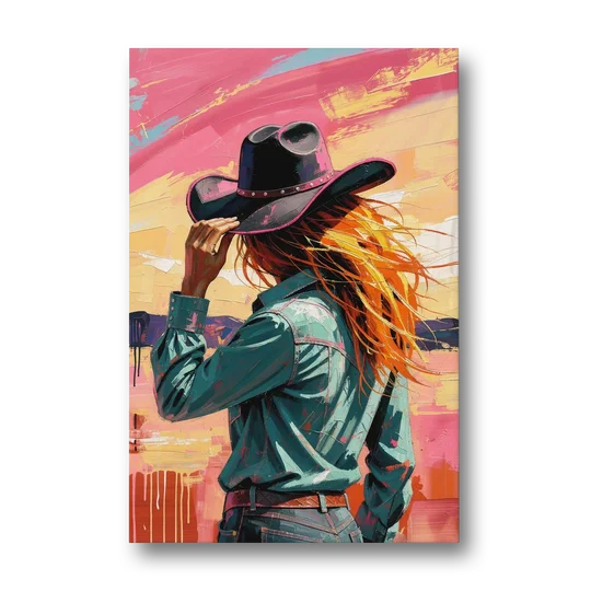 Cowgirl Wall Art in a Hot Desert Wind - Canvas Wall Art - Front