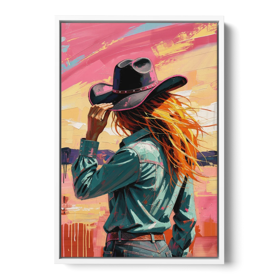 Cowgirl Wall Art in a Hot Desert Wind - White Framed Canvas Wall Art - Front