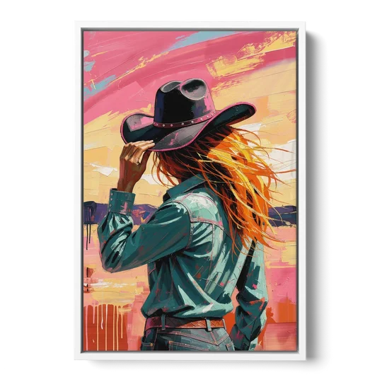 Cowgirl Wall Art in a Hot Desert Wind - White Framed Canvas Wall Art - Front