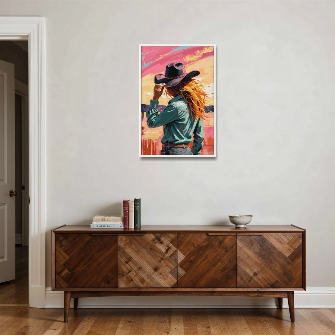 Cowgirl Wall Art in a Hot Desert Wind - White Framed Canvas Wall Art - Coffee Table - 24x36