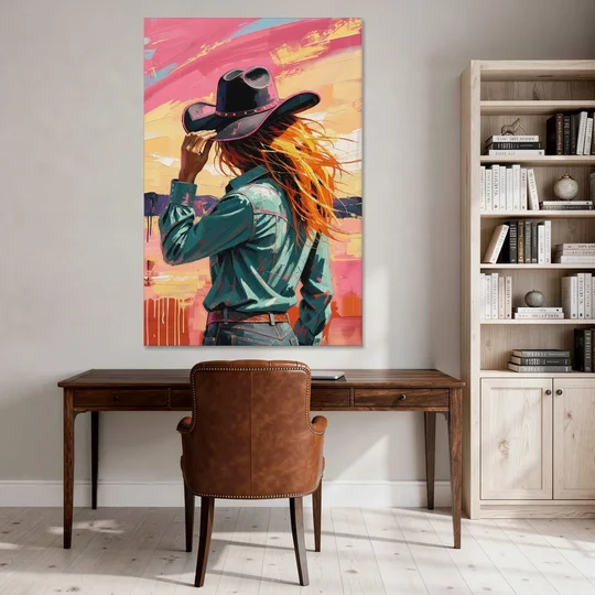 Cowgirl Wall Art in a Hot Desert Wind - Canvas Wall Art - Office - 40x60