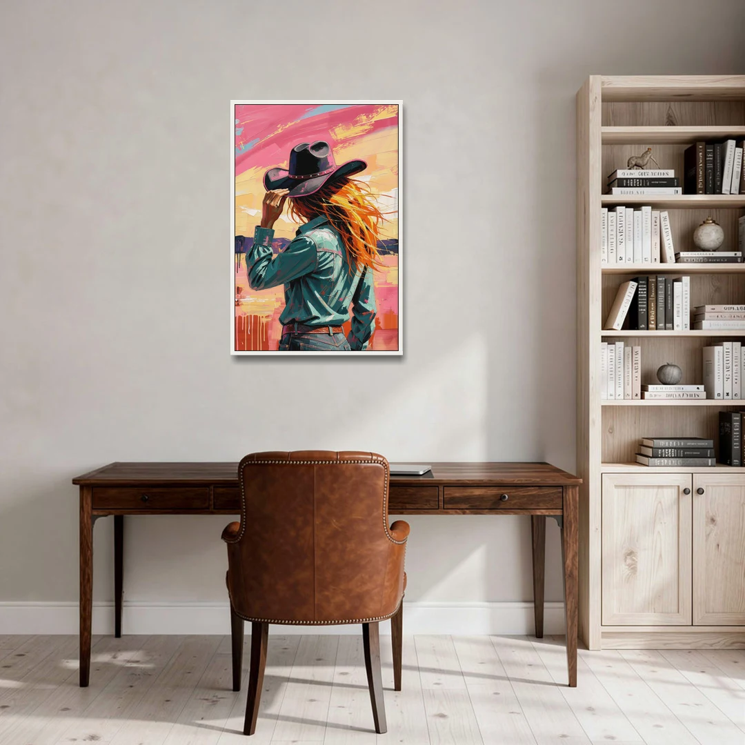 Cowgirl Wall Art in a Hot Desert Wind - White Framed Canvas Wall Art - Office - 24x36