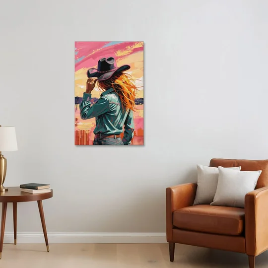 Cowgirl Wall Art in a Hot Desert Wind - Canvas Wall Art - Sofa - 24x36