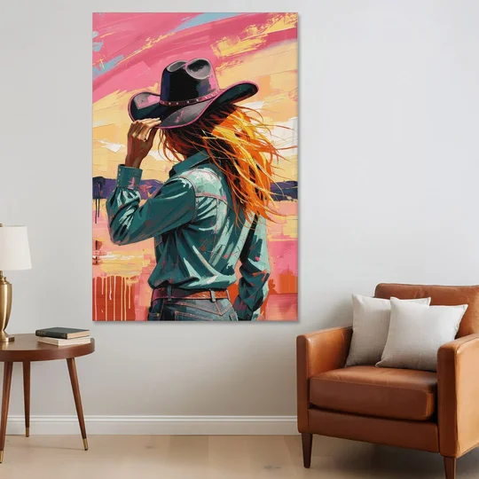 Cowgirl Wall Art in a Hot Desert Wind - Canvas Wall Art - Sofa - 40x60