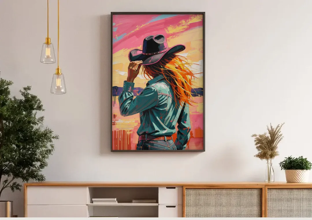 Cowgirl Wall Art in a Hot Desert Wind canvas wall art above a wooden sideboard under pendant lights